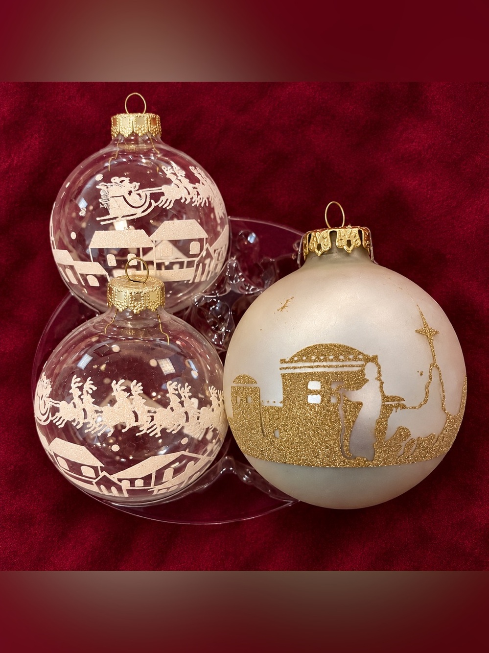 Vintage Glass Ornaments Set of 3-Santa Reindeer & Nativity Glitter (74)